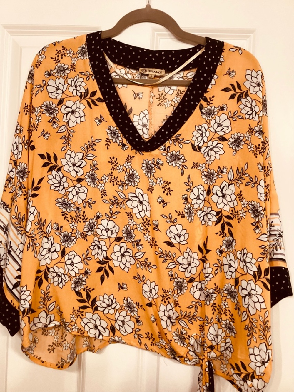 Democracy Yellow Floral V-Neck Blouse with Black Contrast